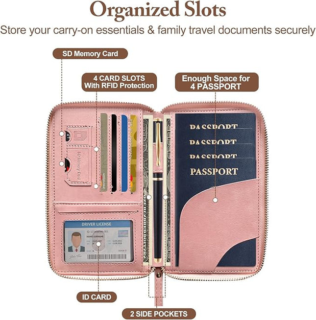 Passport Holder for Travel Women and Men RFID Passport Holder with Card Slots Holder Passport Case Passport cover Passport Wallet Travel Essentials and Accessories (Zipper, Pink Zipper)