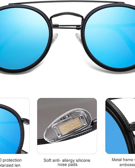SOJOS Retro Vintage Round Polarized Sunglasses for Women Men Small Double Bridge Circle Sunnies SJ1104