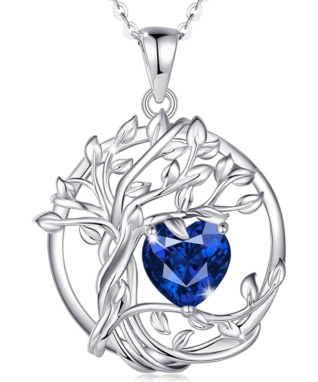 FANCIME Tree of life Birthstone necklace Sterling Silver Pendant Birthstone Necklace Gemstone Anniversary Birthday Jewelry Christmas Gifts for Mom Her Wife