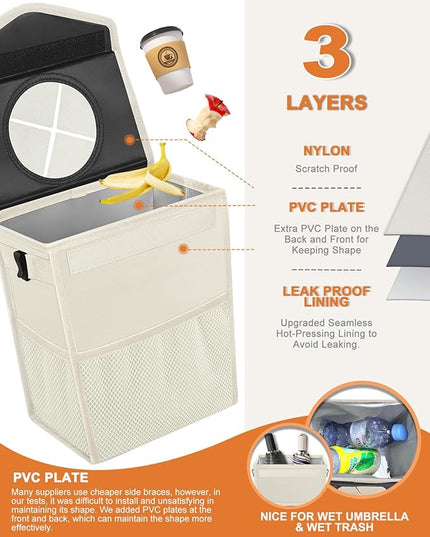 Car Trash Can with Lid, Cute Leakproof Car Trash Garbage Bag Hanging Vehicle Trash Bin Small Portable Automotive Garbage Cans Organizer for Back/Front Seat(Trapezoid,Ivory