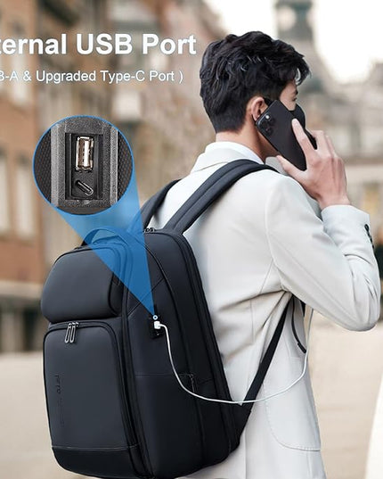 FENRUIEN 17 Inch Travel Backpack for Men, Expandable Water Resistant Computer Backpack with USB Port, Black Laptop Bag for Business/College/Work