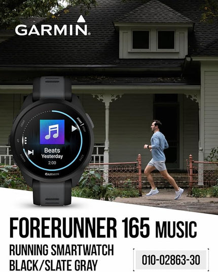 Wearable4U - Garmin Forerunner 165 Music Running Smartwatch, Colorful AMOLED Touchscreen, Training Metrics and Recovery Insights Includes PowerPack and Adapters Bundle, Black/Slate Gray