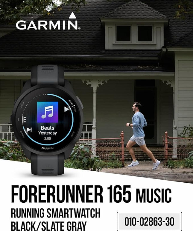 Wearable4U - Garmin Forerunner 165 Music Running Smartwatch, Colorful AMOLED Touchscreen, Training Metrics and Recovery Insights Includes PowerPack and Adapters Bundle, Black/Slate Gray