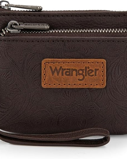 Montana West Wrangler Coin Purse for Women RFID-blocking Floral Embossed Change Pouch Wristlet Wallet Lightweight Portable Wallets Coffee