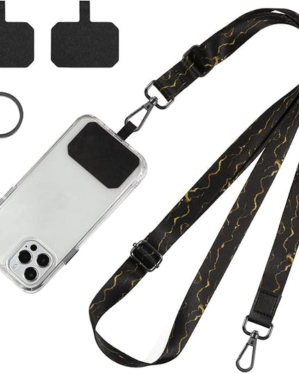 Cell Phone Lanyard, Wrist Lanyard for Keys, Adjustable Crossbody Shoulder Neck Strap with Phone Tether Tabs Universal Lanyards for ID Badges, Card Holder, Most Smartphones (Black Gold)
