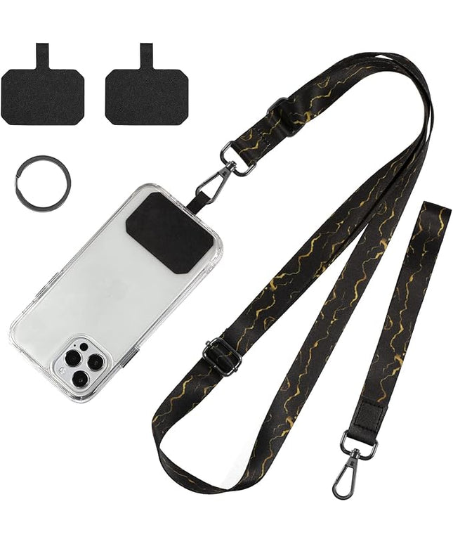 Cell Phone Lanyard, Wrist Lanyard for Keys, Adjustable Crossbody Shoulder Neck Strap with Phone Tether Tabs Universal Lanyards for ID Badges, Card Holder, Most Smartphones (Black Gold)