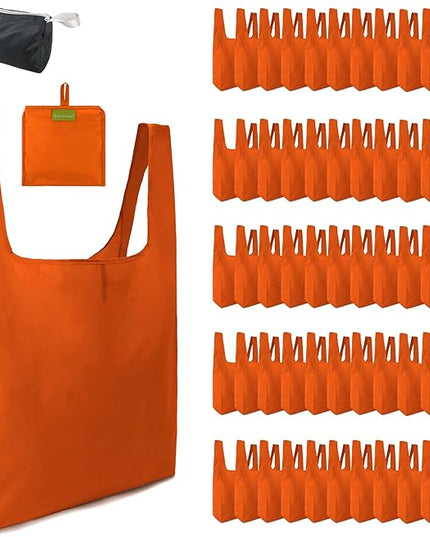 BeeGreen Orange Reusable Grocery Bags Wholesale Pumpkin Reusable Kitchen Bags Bulk Foldable-Machine Washable with Zipper Storage Pouch 50 Packs