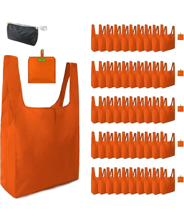 BeeGreen Orange Reusable Grocery Bags Wholesale Pumpkin Reusable Kitchen Bags Bulk Foldable-Machine Washable with Zipper Storage Pouch 50 Packs