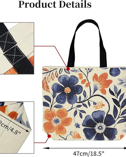 Large Tote Bag for Women, Floral Grocery Tote with Snap Thick Canvas Both Side Pattern, Gift Daily Use Shopping Travel Picnic