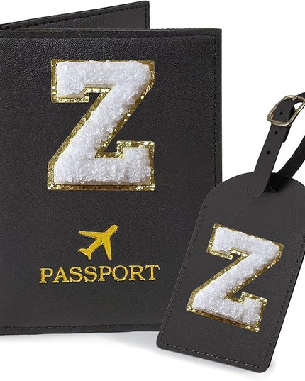 COSHAYSOO Black Passport Cover and Initial Luggage Tag Set TSA Approved with Preppy Chenille Letter Patch for Women Girl Teens, 2023 Trendy Travel Bag Backpack Suitcase Identifier Essential Gifts (Z)