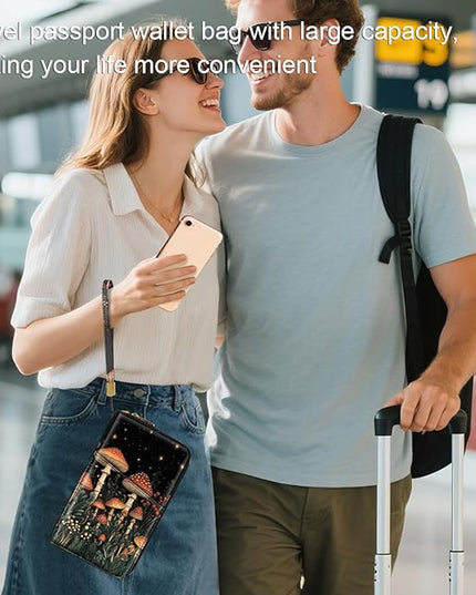 Family Passport Holder Wallet RFID Blocking Document Organizer PU Leather Mulit-purpose Travel Wallet Credit Cards Case for Women Men, Mushroom