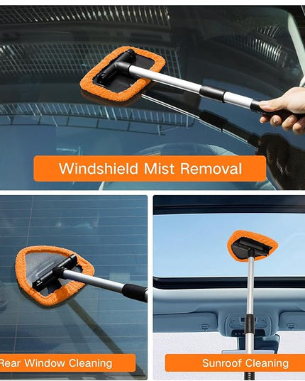 11pcs Windshield Cleaner Tool, Car Window Cleaning Wash Kit with 6 Reusable Microfiber Pads 2 Spray Bottles and Extendable Handles Auto Glass Wiper Kit, Orange