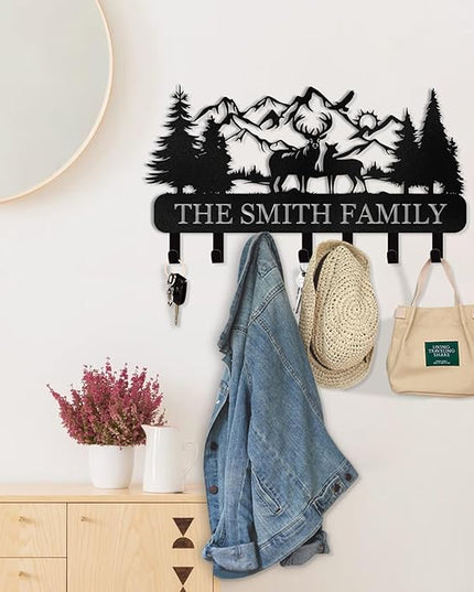Personalized Key Holder for Wall - Custom Name Forest Deer Coat Rack Mount With Hooks, Metal Key Holder Decor, Key Hanger for Bedroom Kitchen Office