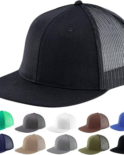 Flat Bill Snapback Mesh Hats | Fits OSFM & XXL Big Head | Blank Solid Color Adjustable Trucker Hat for Men