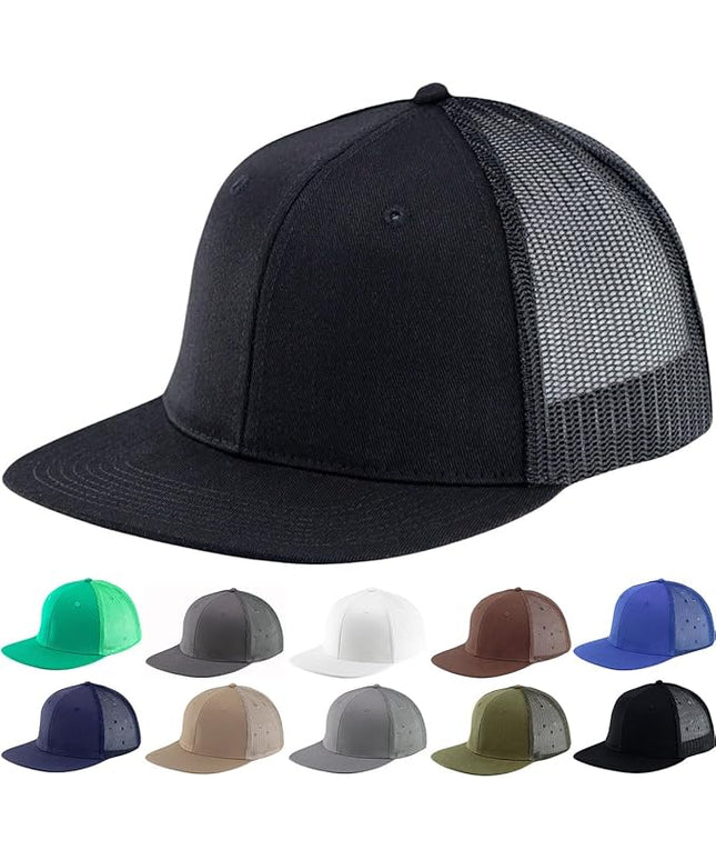 Flat Bill Snapback Mesh Hats | Fits OSFM & XXL Big Head | Blank Solid Color Adjustable Trucker Hat for Men