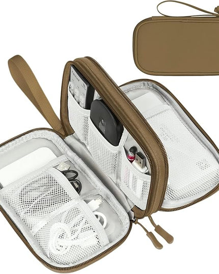 FYY Electronic Organizer, Travel Cable Organizer Bag Pouch Electronic Accessories Carry Case Portable Waterproof Double Layers Storage Bag for Cable, Charger, Phone, Earphone, Medium Size, Brown
