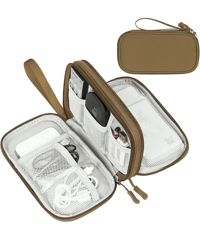 FYY Electronic Organizer, Travel Cable Organizer Bag Pouch Electronic Accessories Carry Case Portable Waterproof Double Layers Storage Bag for Cable, Charger, Phone, Earphone, Medium Size, Brown