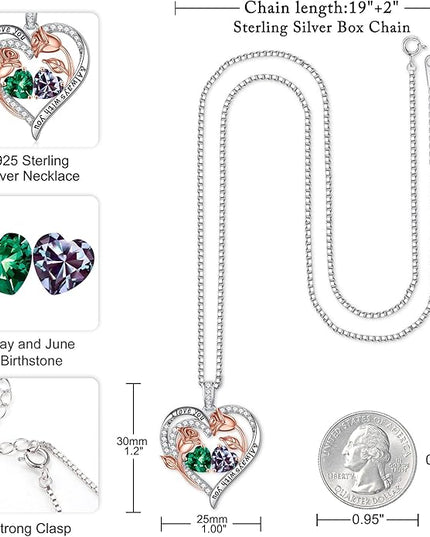 Iefil Christmas Gifts for Women Wife - 925 Sterling Silver Rose Heart Birthstone Necklace Birthday Anniversary Jewelry Gifts for Her Wife Mom Daughter