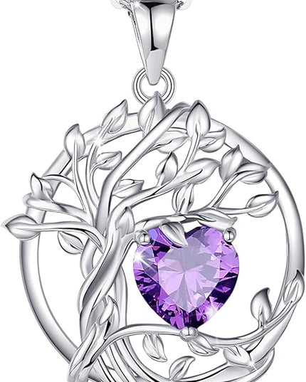FANCIME Tree of life Birthstone necklace Sterling Silver Pendant Birthstone Necklace Gemstone Anniversary Birthday Jewelry Christmas Gifts for Mom Her Wife