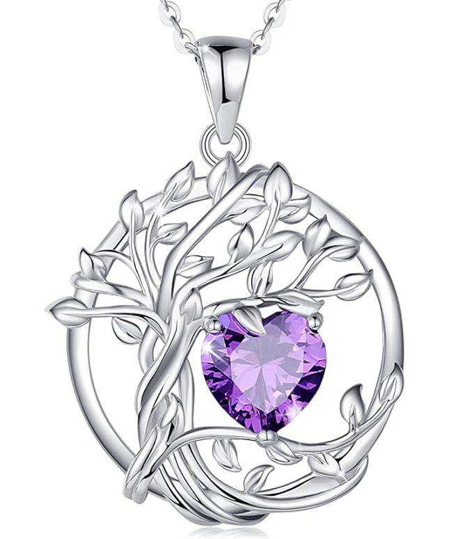 FANCIME Tree of life Birthstone necklace Sterling Silver Pendant Birthstone Necklace Gemstone Anniversary Birthday Jewelry Christmas Gifts for Mom Her Wife