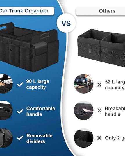 Femuar Car Trunk Organizer, Trunk Storage Organizer with 72L Large Capacity Waterproof Collapsible and 11 Pockets, Trunk Organizer for Suv/Jeep/Sedan, Large Size, Black