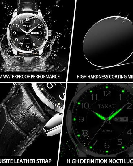 Mens Leather Watch Large Face Classic Quartz Mens Analog Watches Luxury Dress Watches for Men Waterproof Men's Wrist Watch Easy Read with Date Number Dial Relojes para Hombre