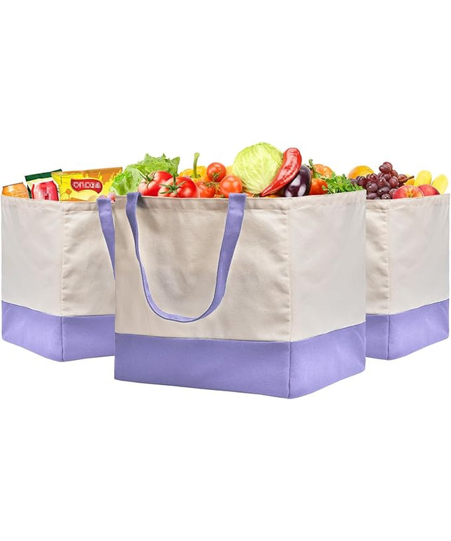 Reusable Grocery Bags Heavy Duty, 8.3 gal Foldable Large Canvas Tote Bag with Handles, Holds 60 lbs Canvas Shopping Bags, 3 Pack（Off White+Light purple）