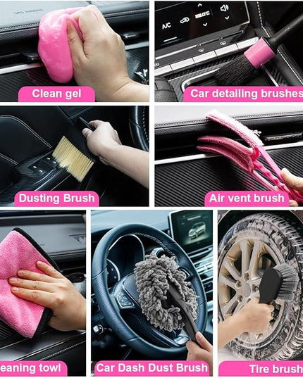 Viewsun Car Vacuum Cordless Rechargeable, 8000PA High Power Handheld Vacuum Cleaner with 17PCS Car Cleaning Kit, Pink Auto Accessories for Women Gift