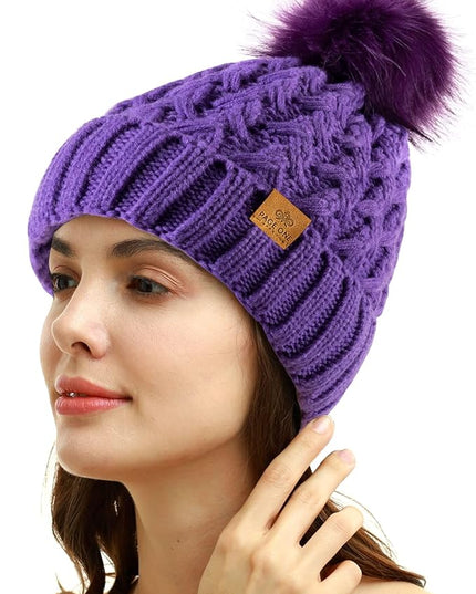 PAGE ONE Womens Winter Ribbed Beanie Crossed Cap Chunky Cable Knit Pompom Soft Warm Hat