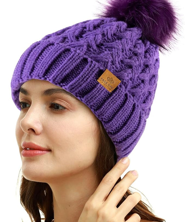 PAGE ONE Womens Winter Ribbed Beanie Crossed Cap Chunky Cable Knit Pompom Soft Warm Hat
