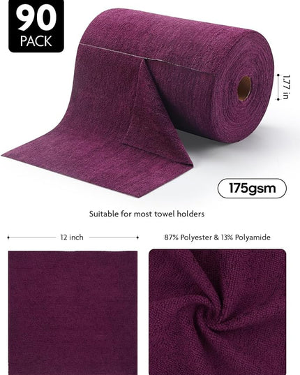 Fantasticlean Microfiber Cleaning Cloth Roll -90 Pack, Tear Away Microfiber Towels, 12" x 12", Reusable, Washable, Scratch Free, Ultra Absorbent for All-Around Cleaning Supplies (Deep Purple)