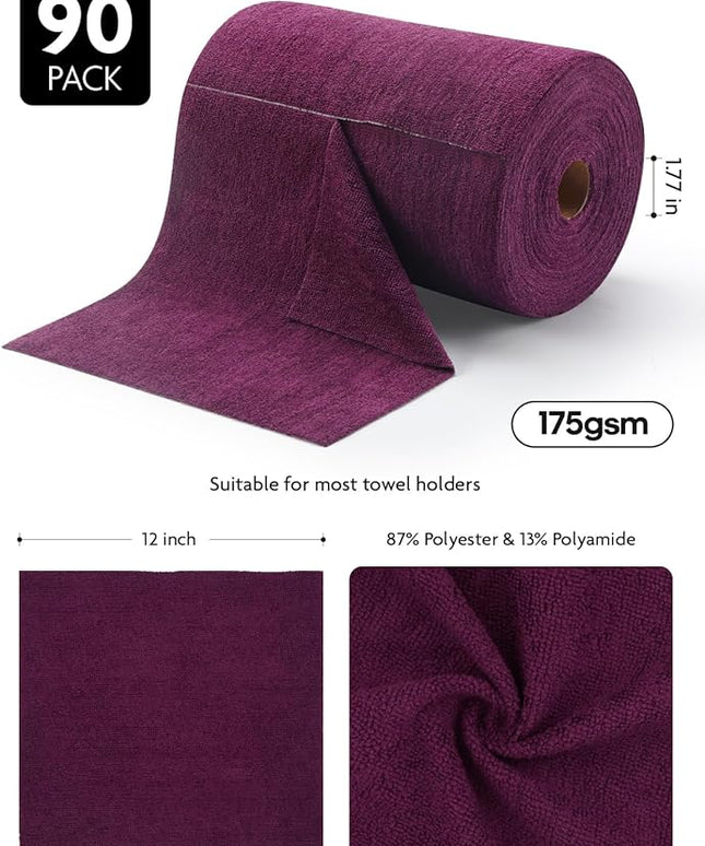 Fantasticlean Microfiber Cleaning Cloth Roll -90 Pack, Tear Away Microfiber Towels, 12" x 12", Reusable, Washable, Scratch Free, Ultra Absorbent for All-Around Cleaning Supplies (Deep Purple)