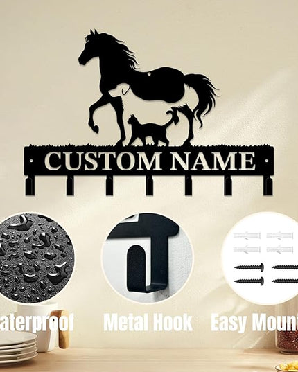 Personalized Custom Name Farm Horse Wall Key Hooks,Metal Horse Art Clothes Hooks,Metal Horse Wall Home Storage Decorative,For Front Door, Hallway, Kitchen, Bedroom,Keys,Hats (Style A)
