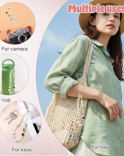Cute Phone Charms Lanyard Beaded Camera Wrist Strap Pearl Bracelet Keychain Decoration Beaded Chain String for Cell Phone Case Wallet Bag Keychain Women Aesthetic Handmade Accessories