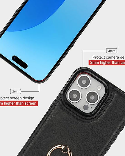Folosu Compatible with iPhone 16 Pro Max Case Wallet with Card Holder, 360°Rotation Finger Ring Holder Kickstand, RFID Blocking Leather Protective Double Buttons Shockproof Cover 6.9 Inch Black
