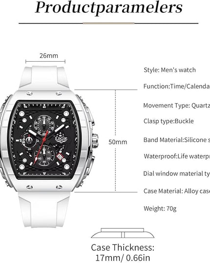 Mens Watches,Unique Rectangular Quartz Analog Watch,Outdoor Sports Multi-Function Watch,Chronograph/Waterproof/Luminous/Calendar,Durable Silicone Strap Mens Casual Watches