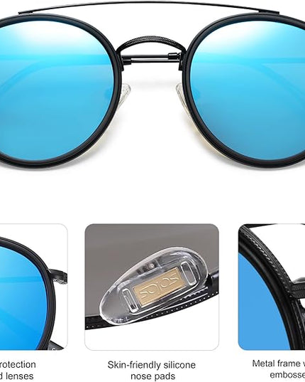 SOJOS Retro Vintage Round Polarized Sunglasses for Women Men Small Double Bridge Circle Sunnies SJ1104