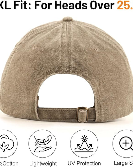 XXL Oversize Washed Denim Baseball Cap,Low Profile Jean Sports Cap for Big Heads 23.5"-25.5",Large Pigment Dyed Dad Hat
