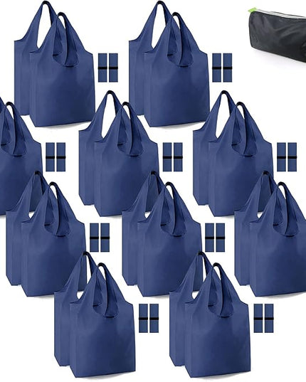 BeeGreen 20 Pack Navy Blue Reusable Grocery Bags with Storage Pouch Wholesale Reusable Shopping Bags Bulk w Elastic Band 50LBS X-Large Foldable Tote Bags Machine Washable-Heavy Duty Cloth Bags
