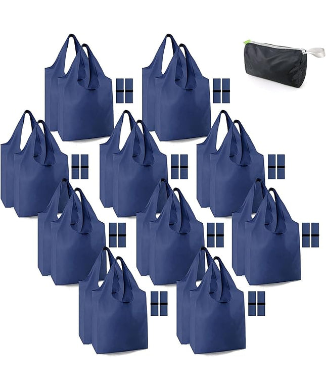 BeeGreen 20 Pack Navy Blue Reusable Grocery Bags with Storage Pouch Wholesale Reusable Shopping Bags Bulk w Elastic Band 50LBS X-Large Foldable Tote Bags Machine Washable-Heavy Duty Cloth Bags