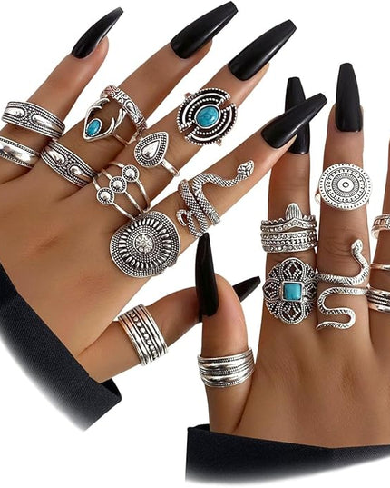KISS WIFE Cool Rings Set for Women, Vintage Silver Punk Rings Bulk, Gothic Chunky Knuckle Emo Stackable Finger Ring Pack Western Jewelry Gift for Her