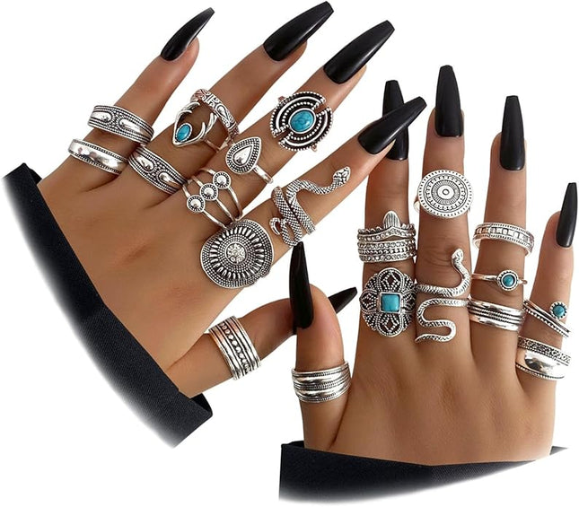 KISS WIFE Cool Rings Set for Women, Vintage Silver Punk Rings Bulk, Gothic Chunky Knuckle Emo Stackable Finger Ring Pack Western Jewelry Gift for Her