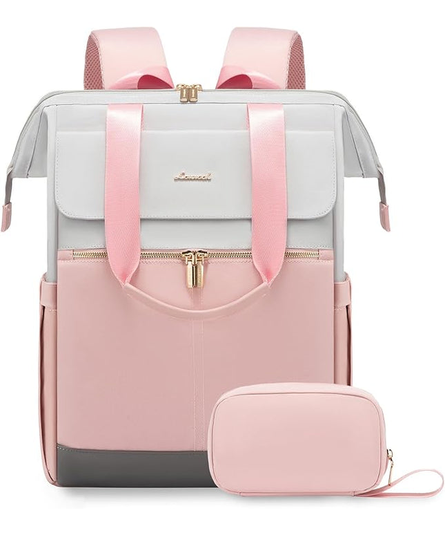 LOVEVOOK Laptop Backpack for Women, 15.6 Inch Work Laptop Bag with USB Port, Fashion Teacher Nurse Backpack Purse, Waterproof Travel Computer Backpack with Organizer Bag, 2PCS, Grey-Pink