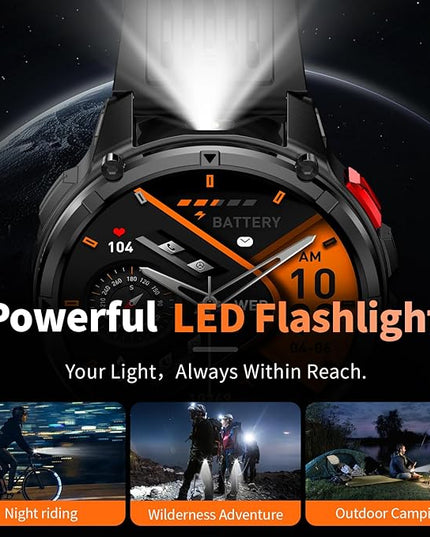 Mens Smart Watch for Android Phones and iPhone,Military Sport Smart Watches for Men Fitness Tracker Watch with Flashlight/Compass/Waterproof/100 Days Battery/Heart Rate/Sleep/100+ Sport Modes