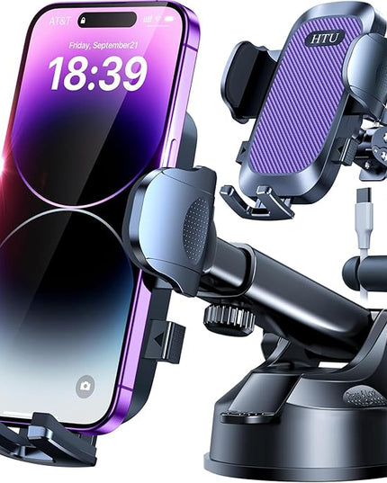 HTU [True Military-Grade] 2025 Upgraded Car Phone Holder 【Safety Certs & No Smell】 Cell Phone Holder for Car Mount for Dashboard Windshield Air Vent Long Arm Thick Case,Purple