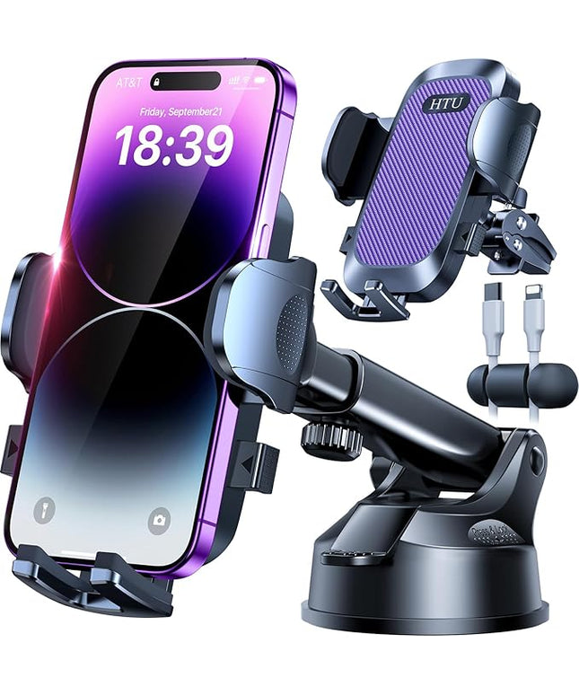 HTU [True Military-Grade] 2025 Upgraded Car Phone Holder 【Safety Certs & No Smell】 Cell Phone Holder for Car Mount for Dashboard Windshield Air Vent Long Arm Thick Case,Purple