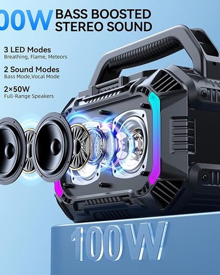Wilody Speakers Bluetooth Wireless, 100W Loud Outdoor Speaker with Bass, IPX7 Waterproof Floatable, 20H Playtime, Wireless Charge, TWS, RGB Light, Portable Speaker for Work, Garage, Outdoor (Black)