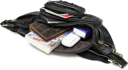 Genuine Leather Fanny Pack large capacity Crossbody Waist Bag with Zipper phone Pockets crocodile black