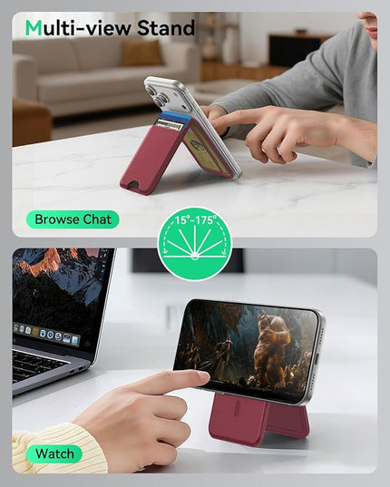 Fanseesy for MagSafe Wallet with Stand, 5 Card Holder, Slim Leather Magnetic Wallet for iPhone 17/16/15/14/13/12 Pro Max Plus Air Series, 3 Card Slots & 1 Cash Slot,WineRed