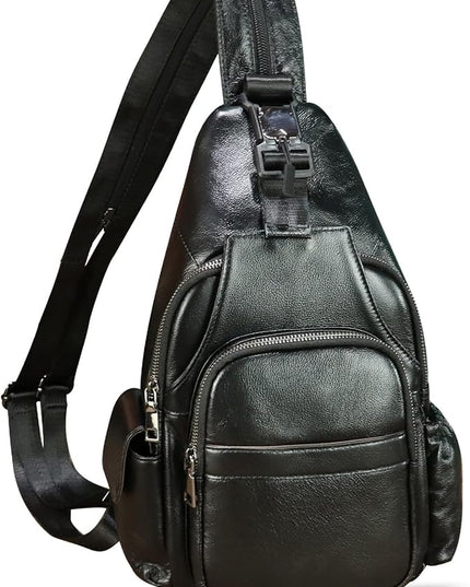 Genuine Leather Sling Bag for Men and Women Handmade Sling Backpack Purse Chest Over Shoulder Crossbody Bag Large Capacity (Black)